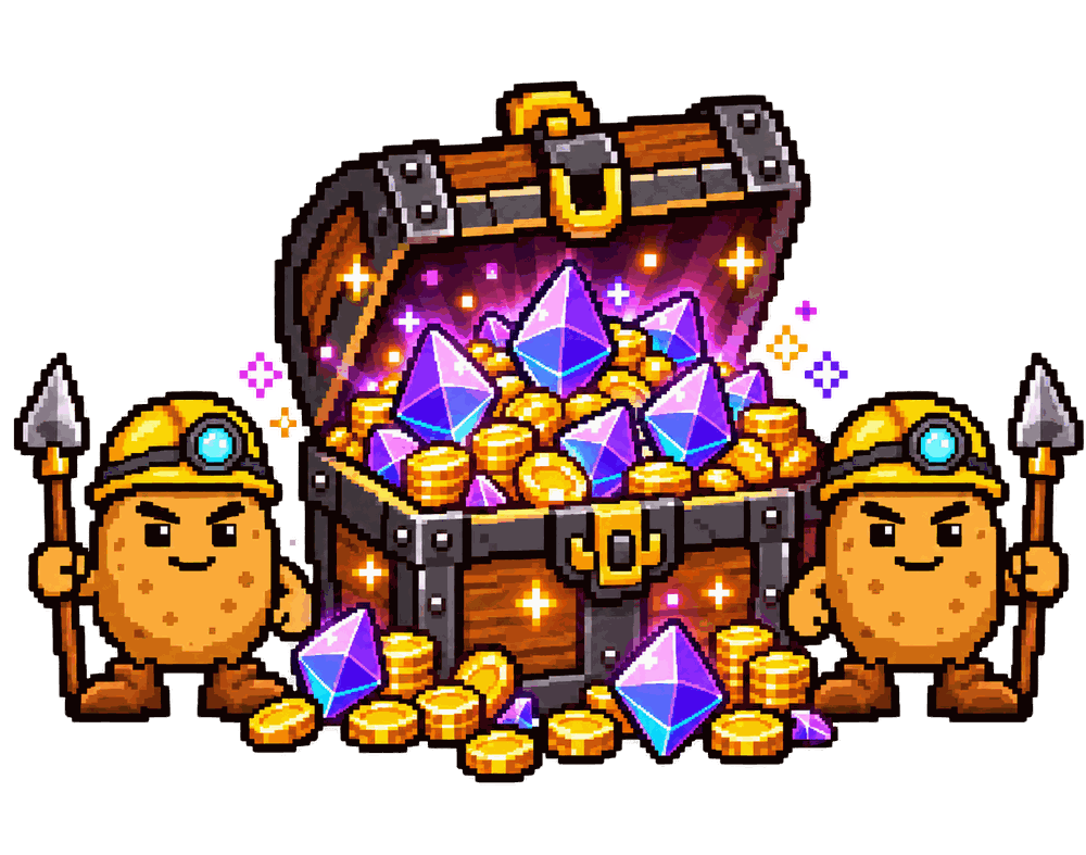 Treasure chest overflowing with ETH crystals, guarded by potatoes